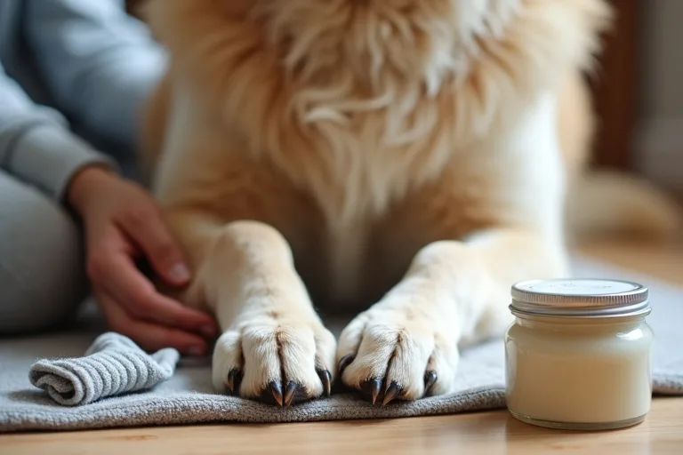 En hundägare gör enkel tassvård hemma med handduk och produkter efter promenaden