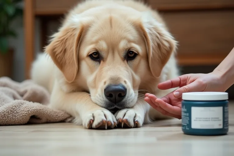 En hund får tassarna rengjorda hemma efter promenaden