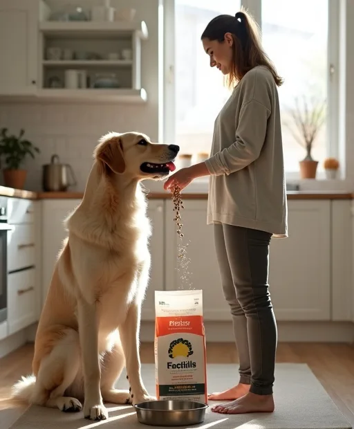 Hundägare jämför vuxenfoder hemma för en mindre och en större hund.