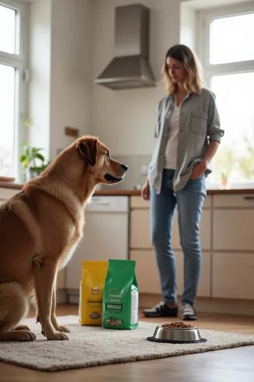 Hundägare ställer två vuxenfoder bredvid varandra i ett svenskt kök.