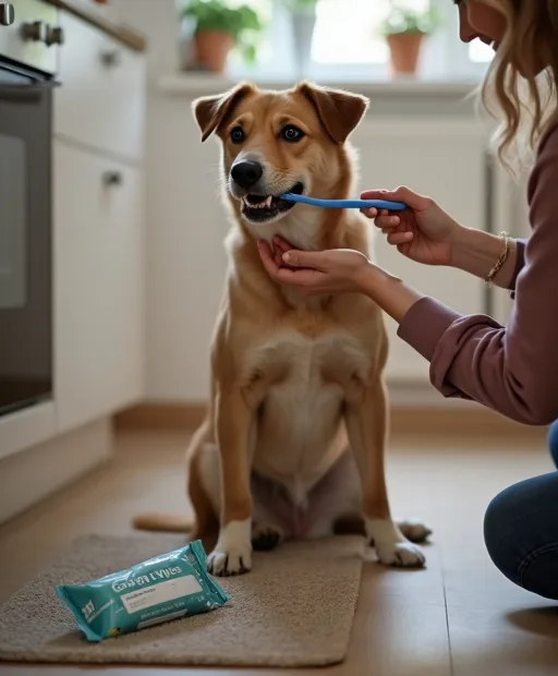 Hundägare som borstar hundens tänder hemma med ett tandborstkit.