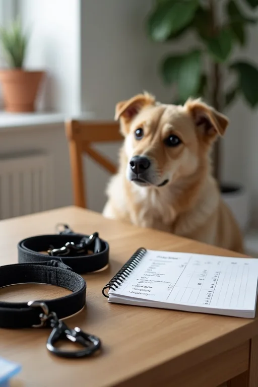En enkel startutrustning för hund på ett köksbord med sele, koppel och budgetanteckningar.