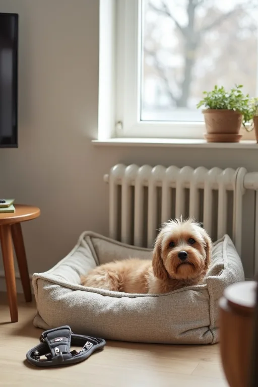 Liten hund som vilar i ett kompakt vardagsrum med lugn hemmiljö