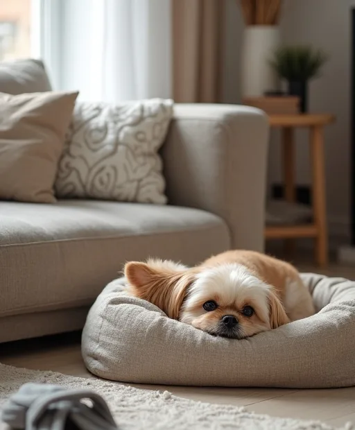 Liten hund i en lugn lägenhet med sele och mjuk bädd i närheten
