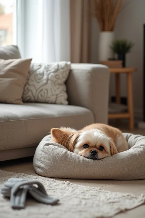 Liten hund i en lugn lägenhet med sele och mjuk bädd i närheten