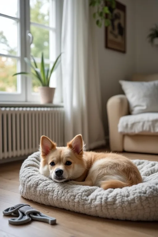 Hund och enkel hemmiljö som visar hur vardaglig anpassning kan fungera i lägenhet