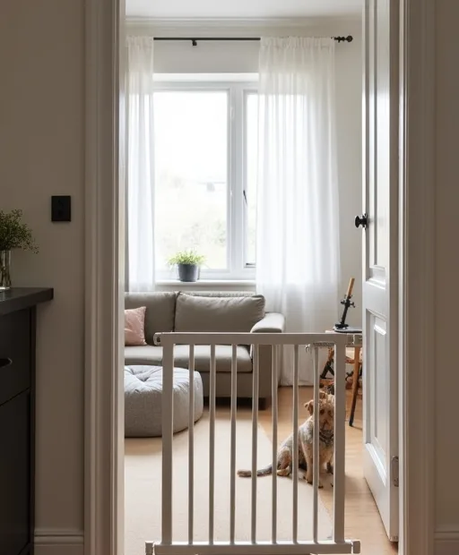 Förberedelser hemma inför hund med hundgrind, hundhage och enkel sovplats i ett svenskt hem.