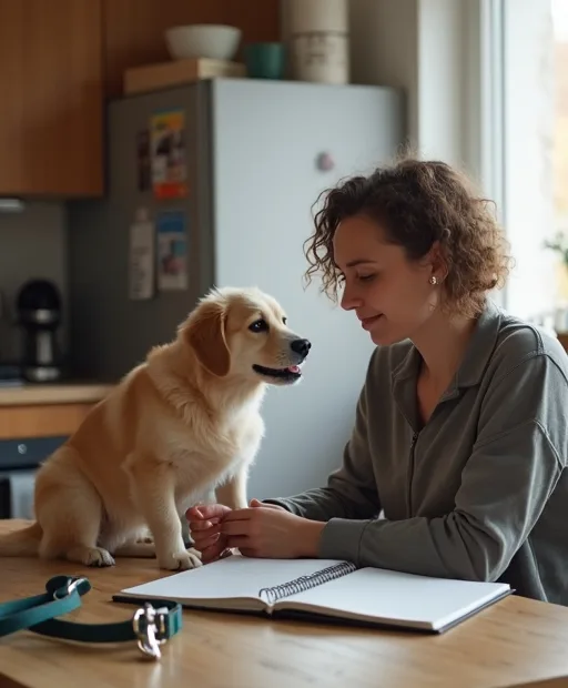 En nybörjare som planerar inför att köpa hund eller adoptera, med hundtillbehör på bordet.