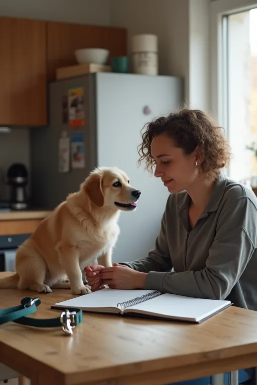 En nybörjare som planerar inför att köpa hund eller adoptera, med hundtillbehör på bordet.