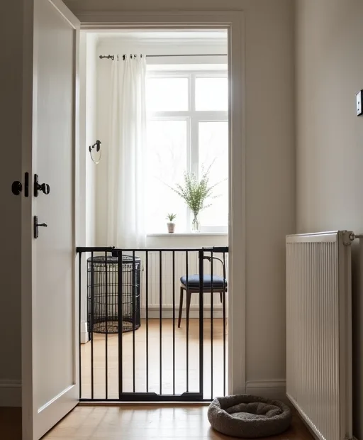 Förberett hem med barngrind, hundhage och hundsäng inför att en hund ska flytta in.