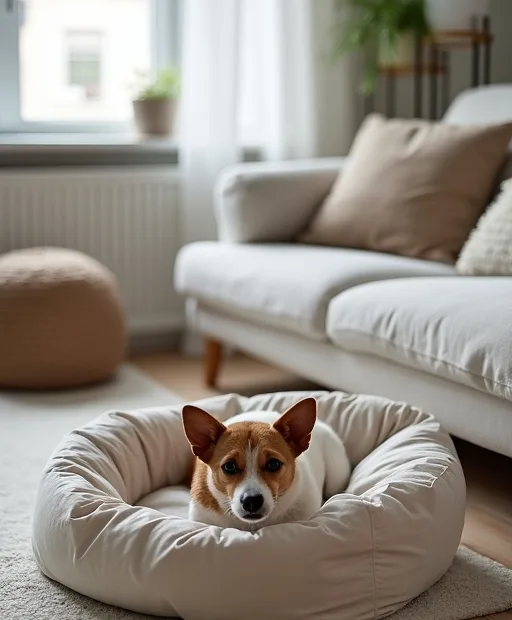 En liten hund i en lugn lägenhetsmiljö med sele och mjuk hundbädd.