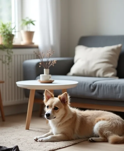 En liten hund vilar i en lugn lägenhet bredvid en kompakt sele och en mjuk hundbädd.