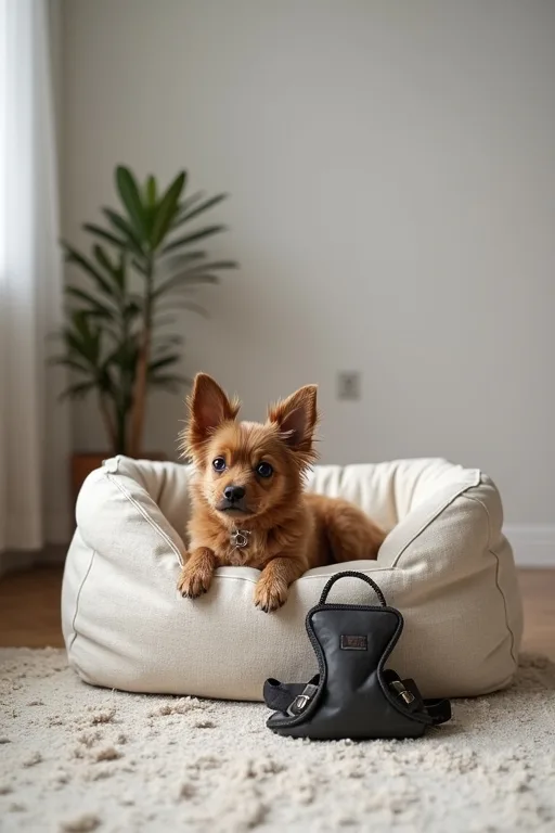 En lugn hund i en trågsam inomhusmiljö som visar hur vardagsro kan vara viktigare än storlek.