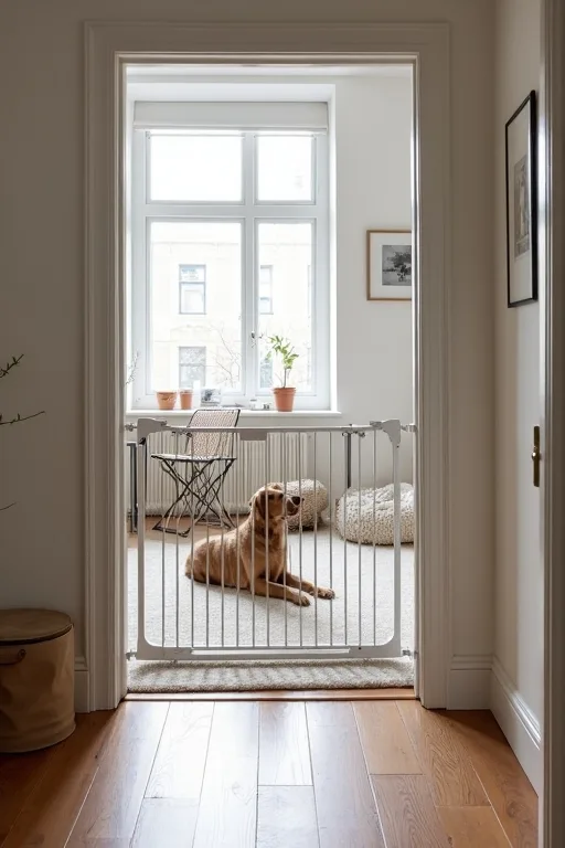 Lugn hundhörna med bädd och skålplats för en ny hund i hemmet.