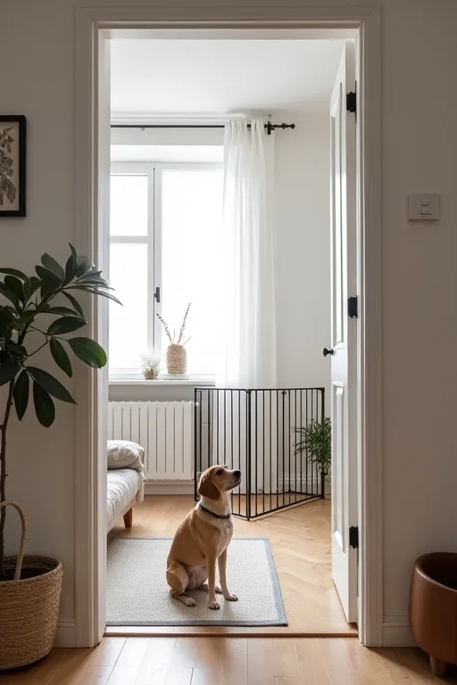 Säkrat hallutrymme i svensk lägenhet inför ny hund med tydliga ytor och ordning.