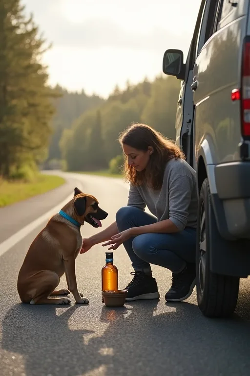 Hund vid bil och rastplats i Sverige under en planerad paus på resa.