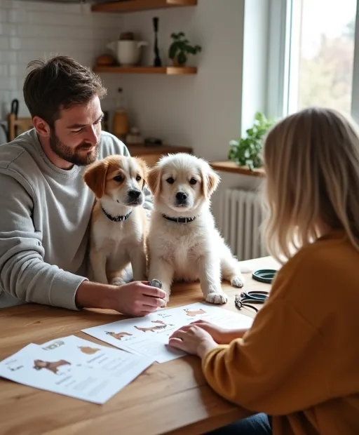 En familj jämför hundraser vid ett köksbord med en sele och ett koppel bredvid.