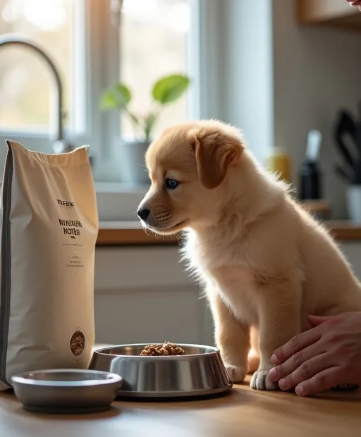 En valp vid matskålen medan hundmat vägs upp med en digital köksvåg i hemmaköket