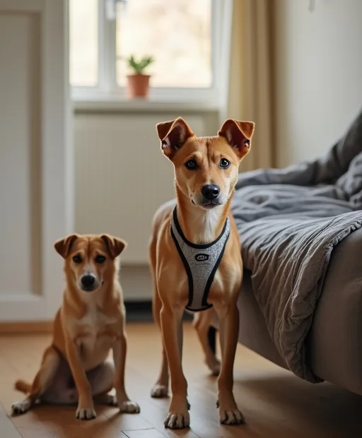 Familjevänlig hund med medelstor sele och skyddsfilt i ett lugnt hem.