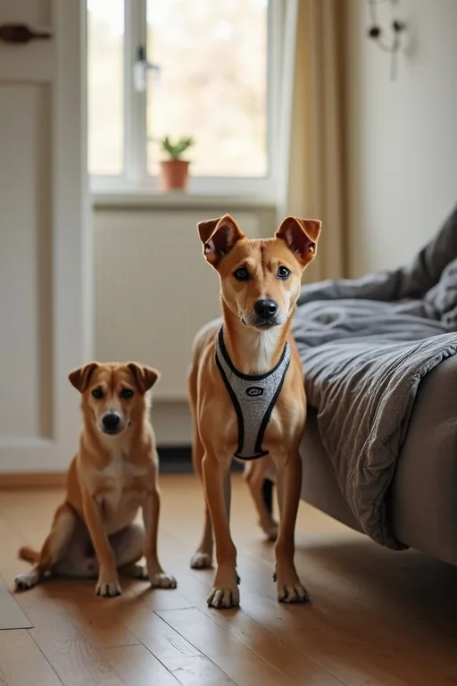 Familjevänlig hund med medelstor sele och skyddsfilt i ett lugnt hem.