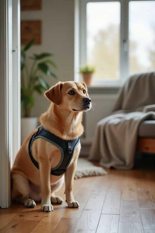 Familjevänlig hund i en vardaglig hemmiljö med lugn och praktisk känsla.