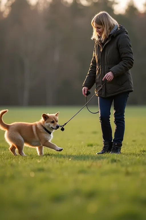 En svensk hundägare tränar inkallning i lugn miljö med valp och långlina.