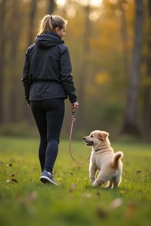 Inkallningsträning utomhus med hund och ägare på gräs i lugn miljö.