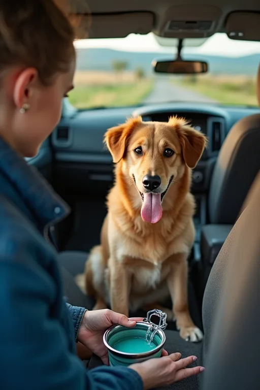 Hund på parkering inför resa med hund där packning och rastning förbereds