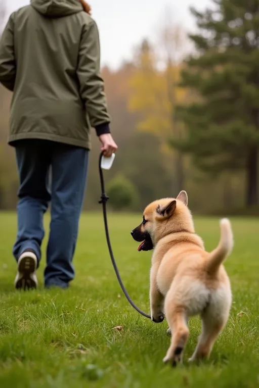 Hundägare och valp under lugn inkallningsträning med långlina i svensk natur.