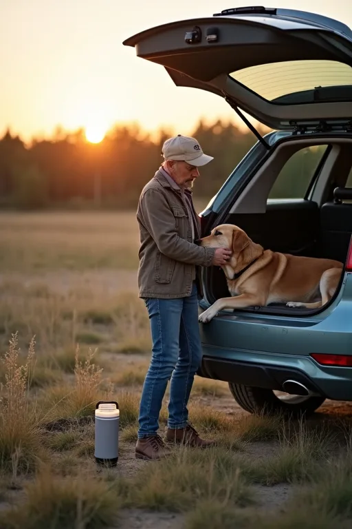 Hopfällbar hundskål och vattenflaska som används vid paus under hundresa