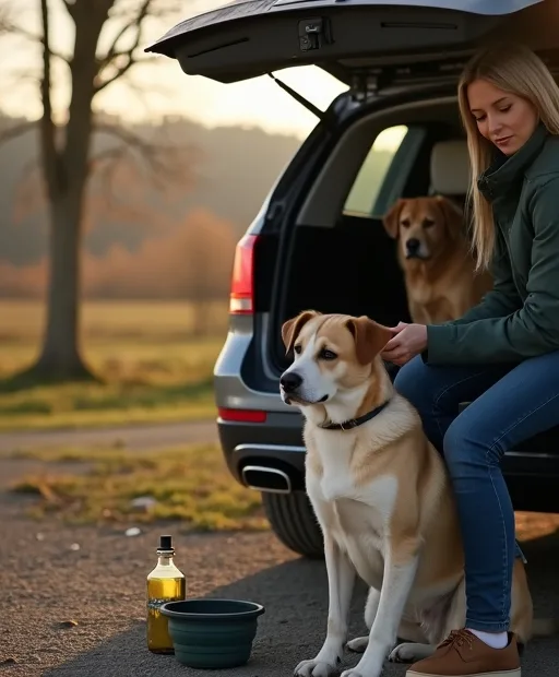 Hundägare som förbereder resa med hund i Sverige med vattenflaska och hopfällbar skål