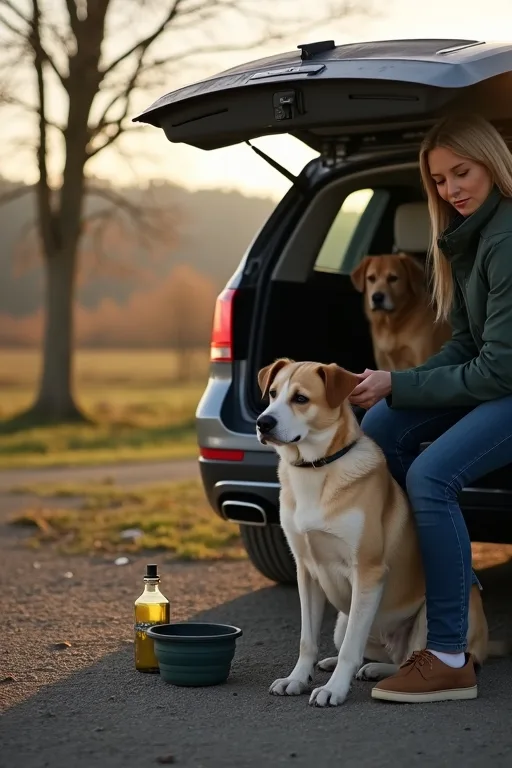 Hundägare som förbereder resa med hund i Sverige med vattenflaska och hopfällbar skål