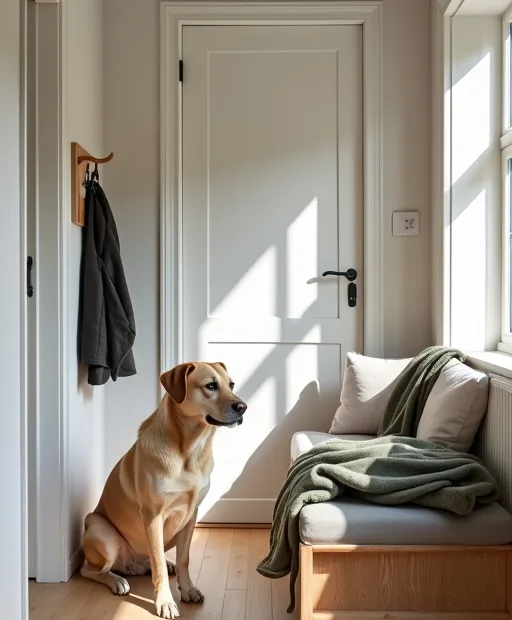Familjevänlig hund med sele och skyddsfilt i ett vardagligt hem