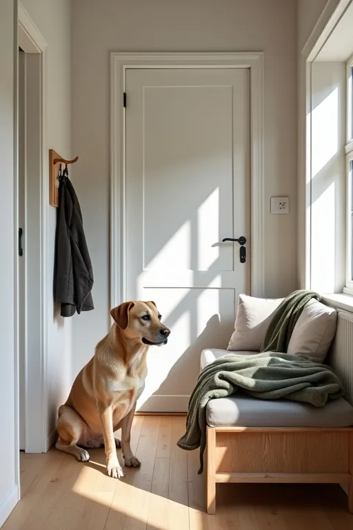 Familjevänlig hund med sele och skyddsfilt i ett vardagligt hem