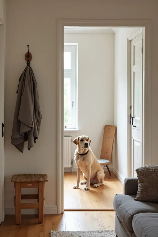 Familjevänlig hund i hallen med vardagsutrustning i ett svenskt hem
