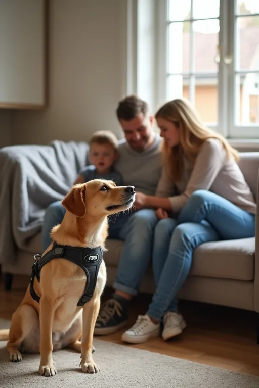 Hund i familjemiljö med utrustning som gör vardagen enklare för en ny hundägare