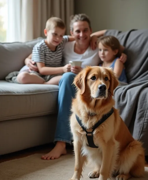 Familj som väljer familjevänlig hundras i ett lugnt hem med hundsele och skyddsfilt i bakgrunden