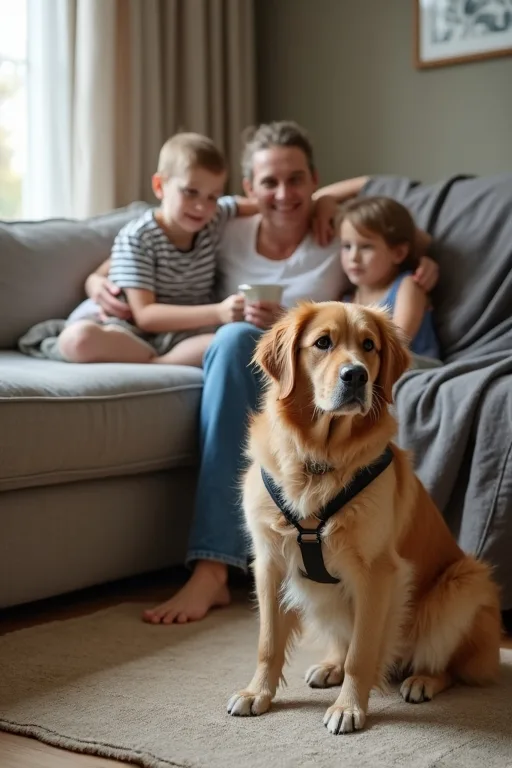Familj som väljer familjevänlig hundras i ett lugnt hem med hundsele och skyddsfilt i bakgrunden