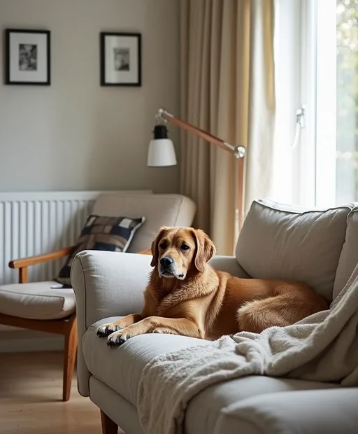 En familjehund som vilar i ett vardagsrum med hundsele och skyddsfilt i närheten.