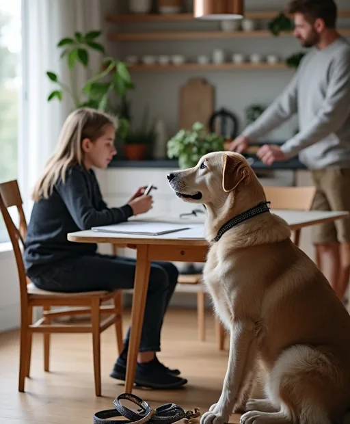 En person jämför hundraser vid ett köksbord med sele och koppel bredvid.