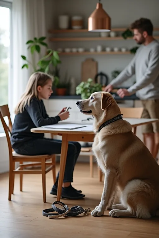 En person jämför hundraser vid ett köksbord med sele och koppel bredvid.