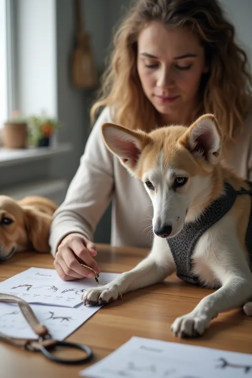 En familj diskuterar hundraser vid ett köksbord med papper och penna.