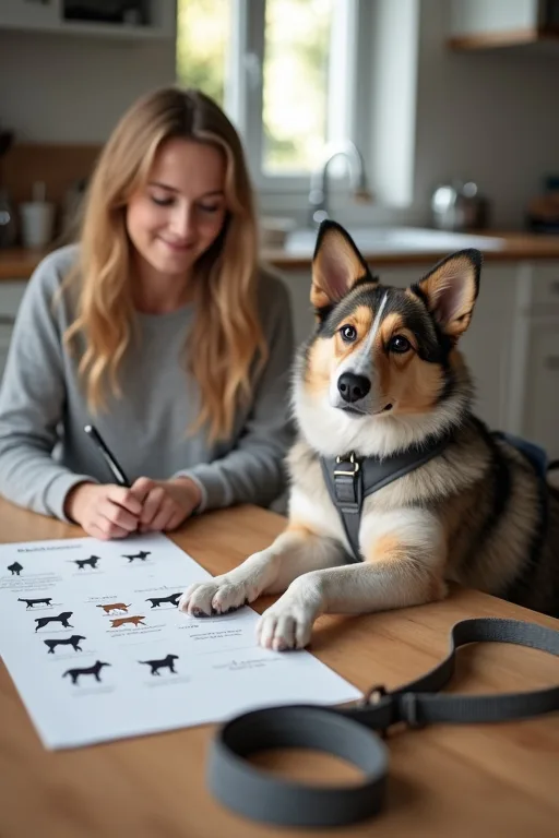 En lugn hund sitter nära ett par enkla hundtillbehör inför första tiden hemma.