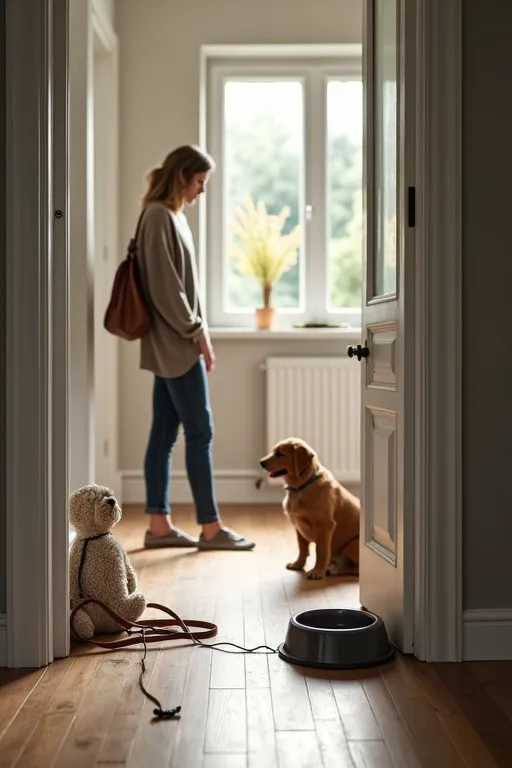 Lugn hemmamiljö där någon förbereder plats för en ny hund vid hallen