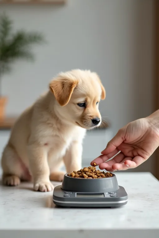 Hundägare som väger upp valpfoder på en digital köksvåg för att hålla bättre koll på portionerna.