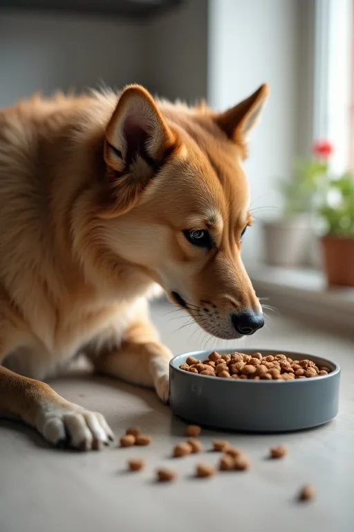 En lugn hundmatssituation i hemmakök med fokus på rutiner och portionskontroll.