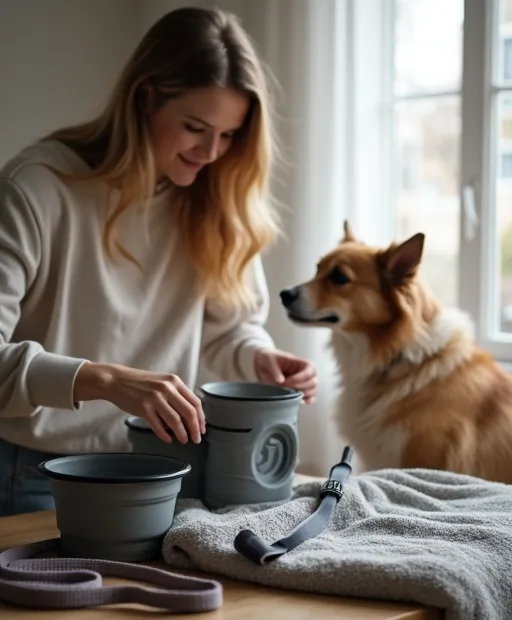 Hundägare packar inför hotellvistelse med hund hemma vid ett bord.