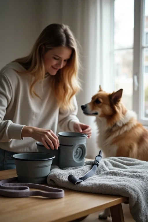 Hundägare packar inför hotellvistelse med hund hemma vid ett bord.