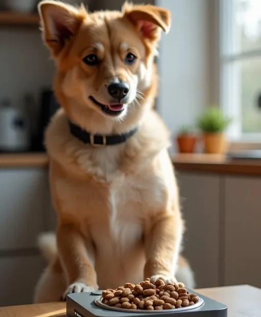 En hundägare väger upp hundfoder med en digital köksvåg vid en matskål i ett lugnt kök.