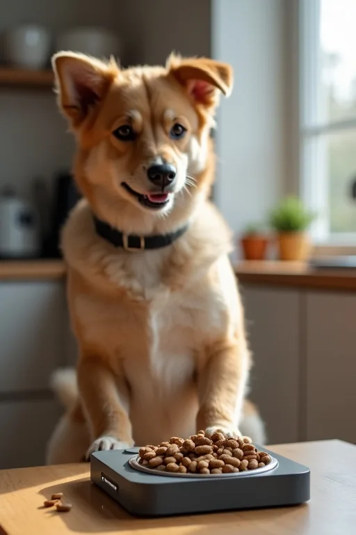 En hundägare väger upp hundfoder med en digital köksvåg vid en matskål i ett lugnt kök.